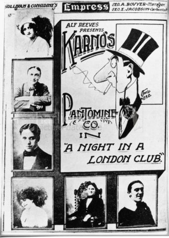 Promotional poster for Karno sketch, "A Night in a London Club": Amy Minister (top), Alf Reeves, Charlie Chaplin, Muriel (Mickey) Palmer, Charlie Chaplin, Mike Asher