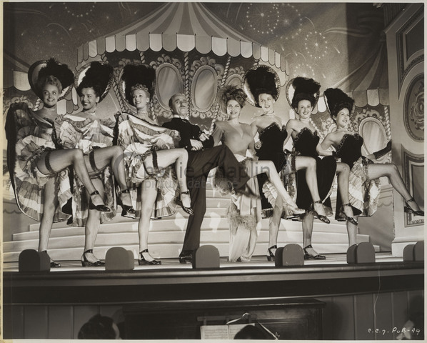 Chaplin and Martha Raye with dancers during the shooting of Monsieur Verdoux