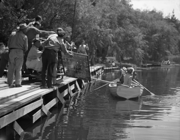 Shooting the rowboat scene on location