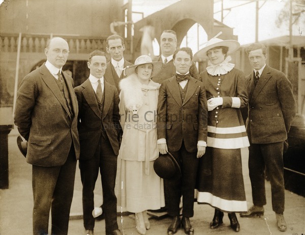 Mutual company members on the set of The Floorwalker, 1916: Henry P. Caulfield (manager of Lone Star Studios), Leo White, Vincent Bryan, Edna Purviance, Eric Campbell, Charles Chaplin, Charlotte Mineau, Lloyd Bacon