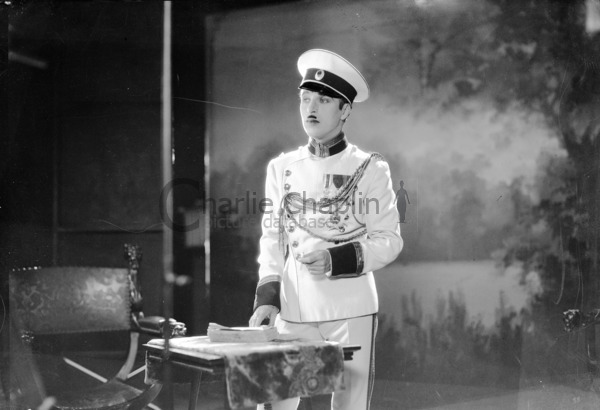 Costume test for Chaplin as a handsome officer in an unused dream sequence for City Lights