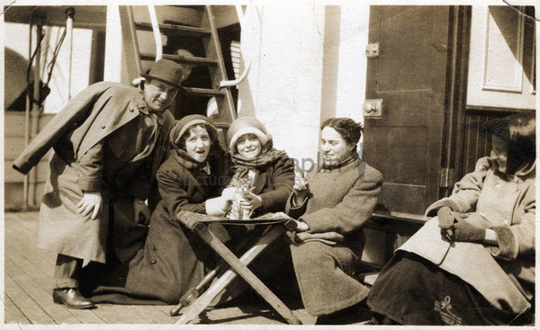 Alf and Amy Reeves, Muriel Palmer & Chaplin on the boat to America for the 1910 Karno tour